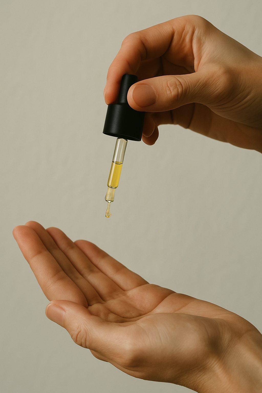 Dropper releasing a drop of elixir into an open palm