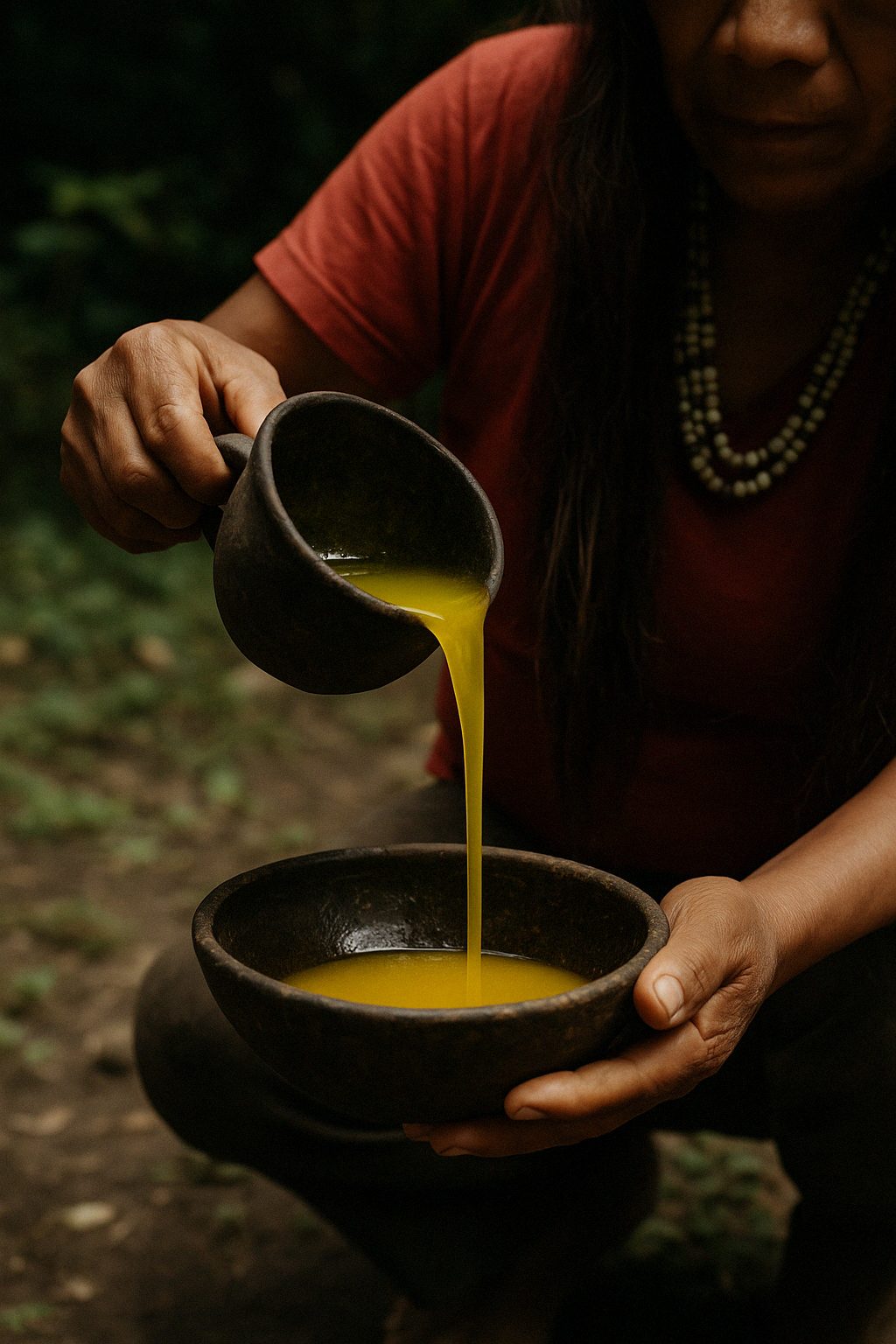 Freshly pressed golden Ungurahua oil poured into a clay bowl